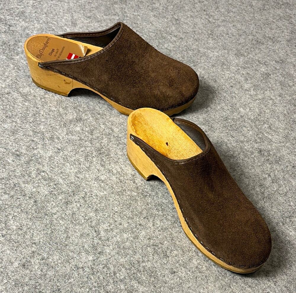 Vtg Olaf Daughters Brown Suede Wooden Slip-On Clog Mule Closed Toe us 7